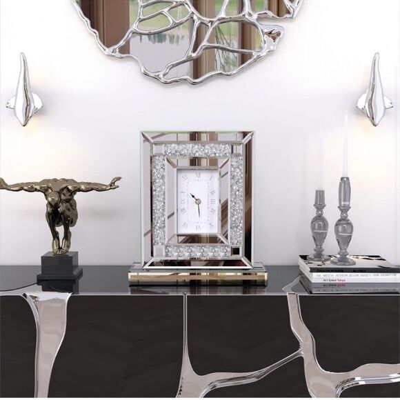 Clock Hollywood Glam Crystal Crush Diamond Mirrored 11.5” Tall 10” Base Quartz - Picture 3 of 14